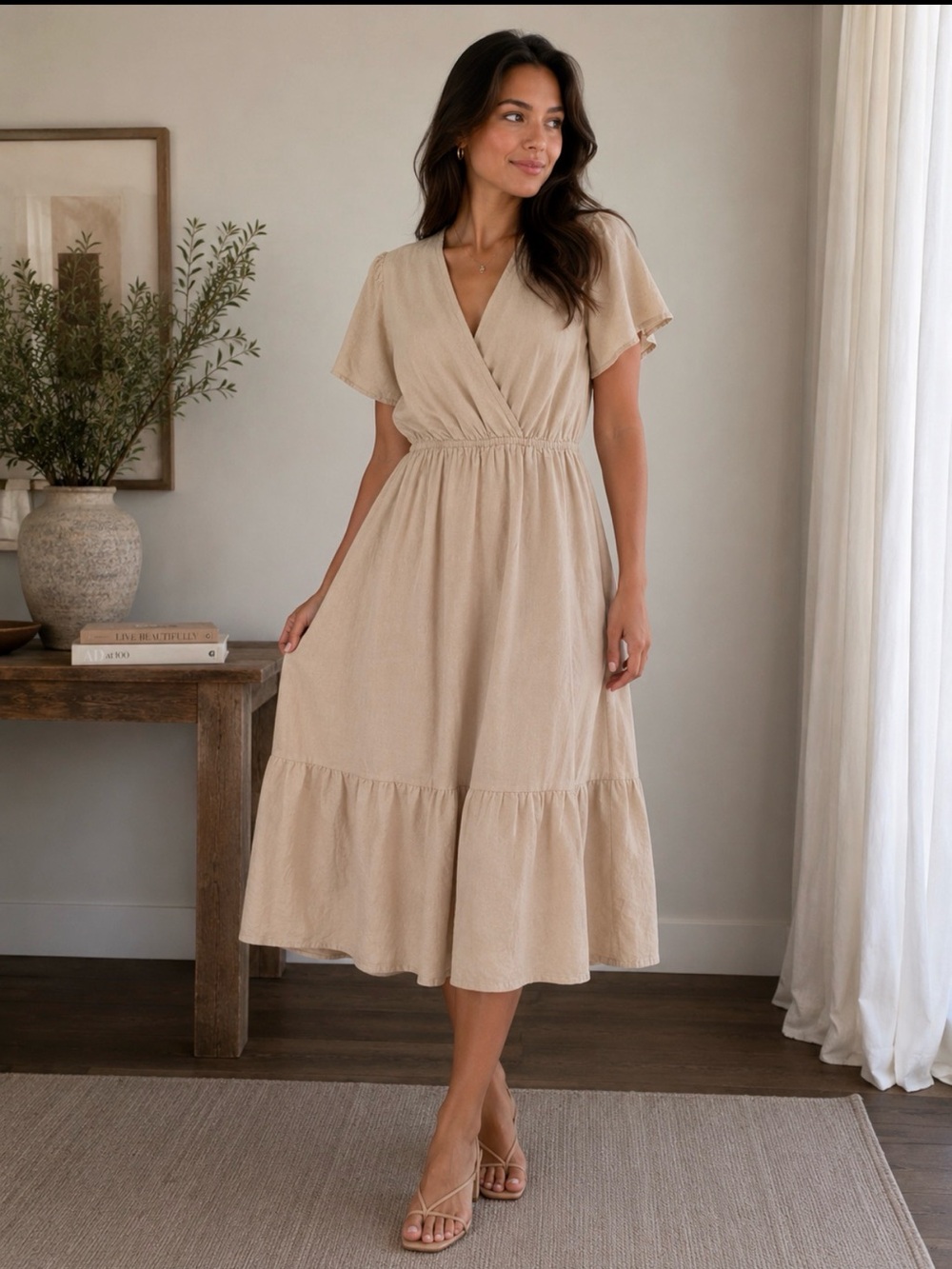 Cassee’s cotton/linen/rayon blend V-Neck Tiered Midi Dress in Natural/Beige